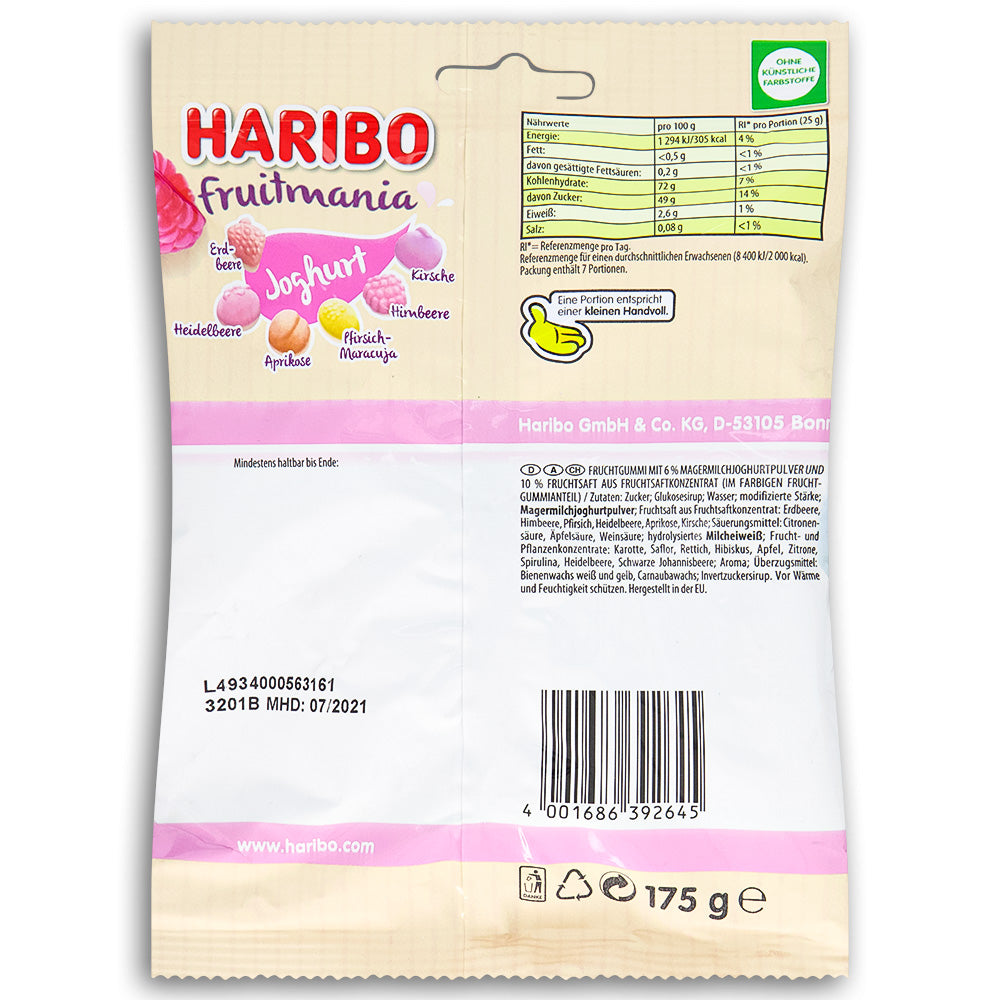 Haribo Fruitmania Joghurt 175g Back Ingredients