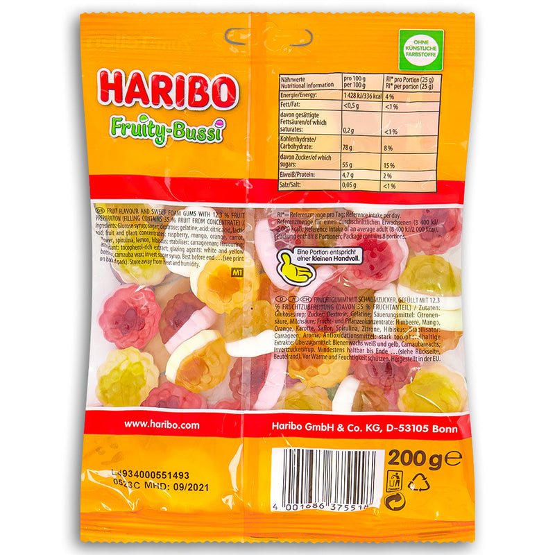 Haribo Fruity-Bussi Gummy Candy 200g Back Ingredients