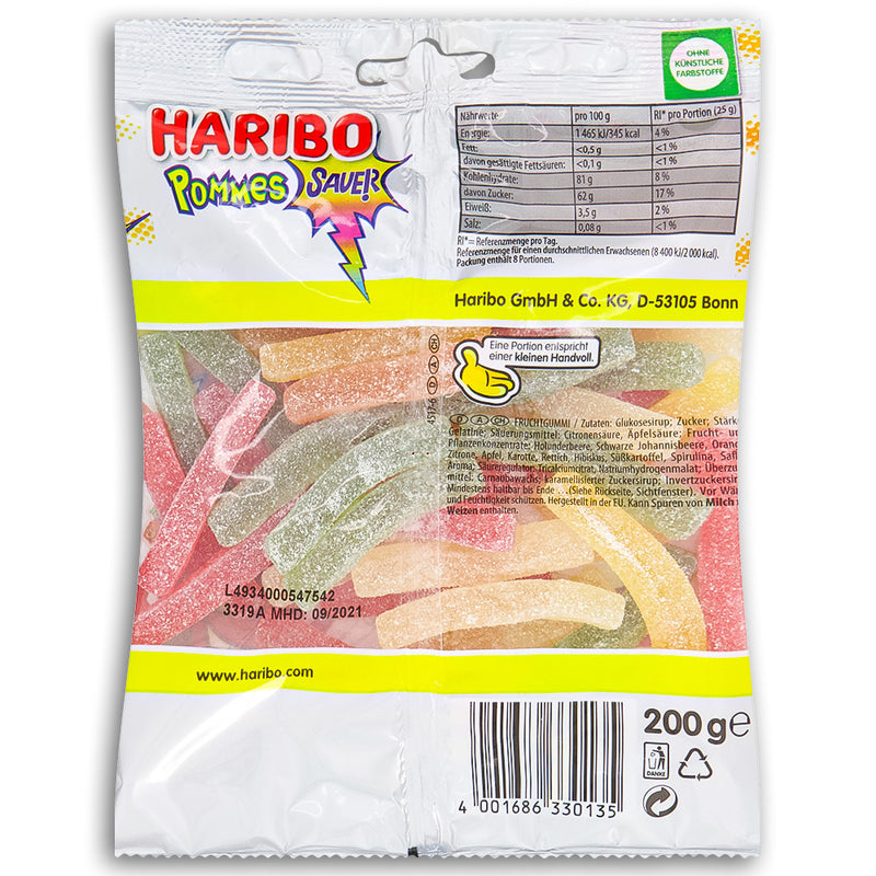 Haribo Sauer Pommes Sour Gummy French Fries 200 g back Ingredients