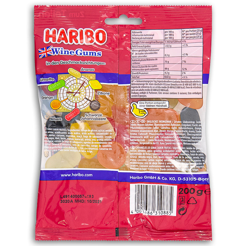 Haribo Wine Gums 200 g Back Ingredients