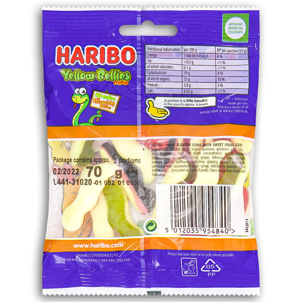 Haribo Yellow Bellies Minis UK 70g Back Ingredients