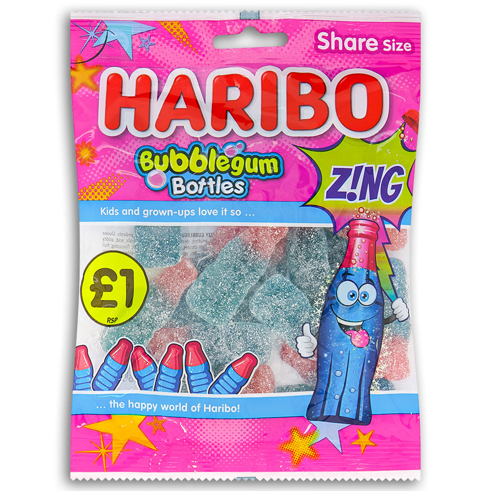 Haribo Fizzy Bubblegum Bottles UK 160g Front