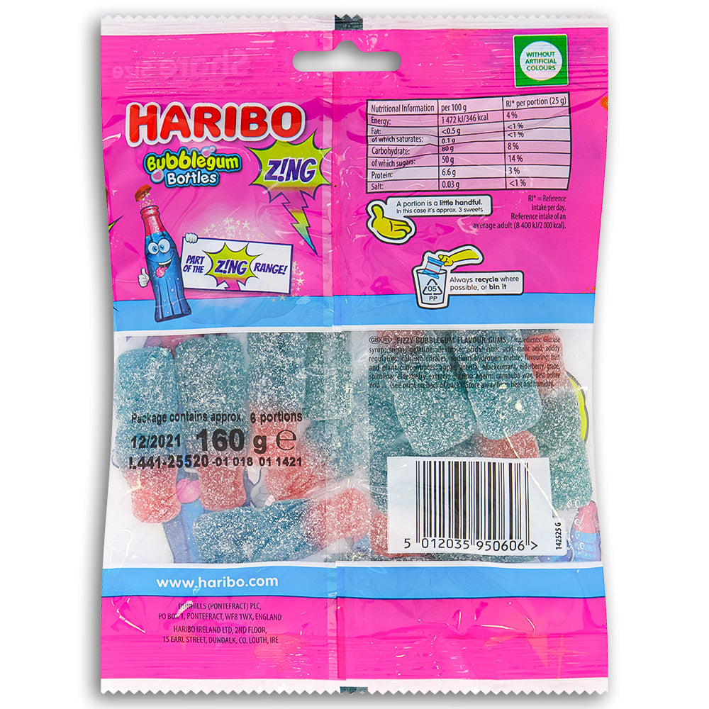 Haribo Fizzy Bubblegum Bottles UK 160g Back Ingredients