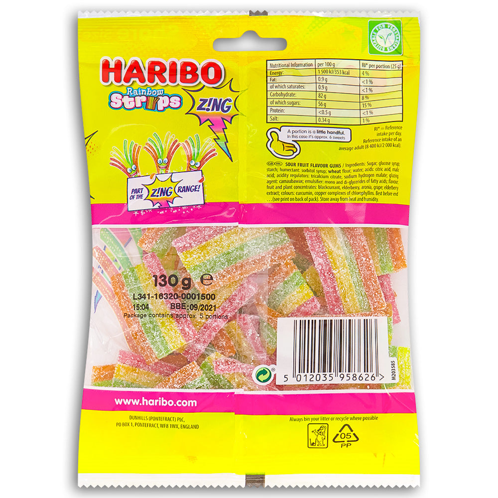 Haribo Rainbow Strips Zing 130g back Ingredients