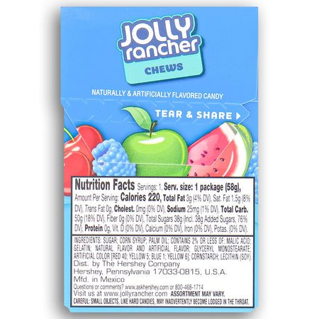 Jolly Rancher Chews Original Flavours 2.06 oz. Back Ingredients