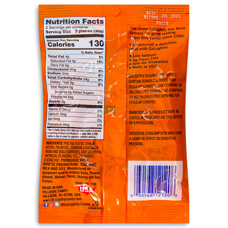 GoLightly Sugar Free Vanilla Caramels 2.75oz Back