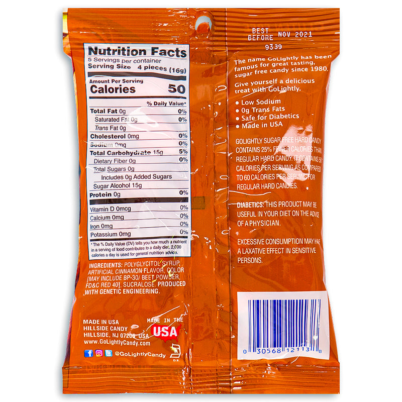 GoLightly Sugar Free Cinnamon Hard Candy 2.75oz Back