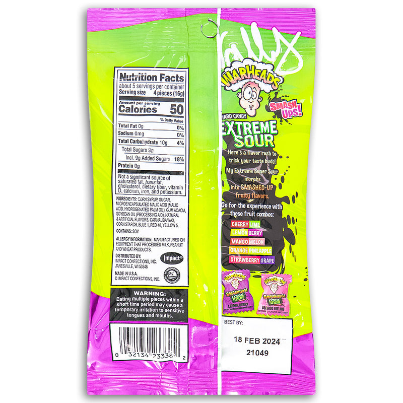 Warheads Smashups! Extreme Sour Candy 3.25oz Back ingredients