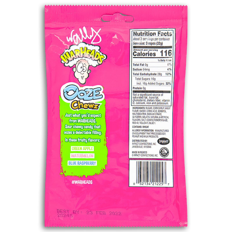 Warheads Ooze Chewz Ropes 3oz Back Ingredients