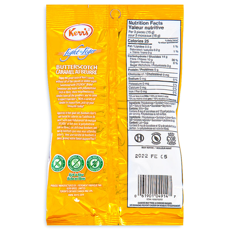 Kerr's Light Butterscotch No Sugar Added Candies 90g Back