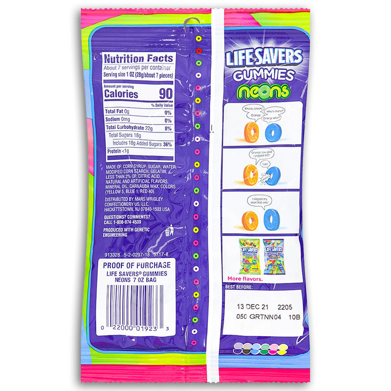 Life Savers Gummies Neons Candies 7oz Back Ingredients