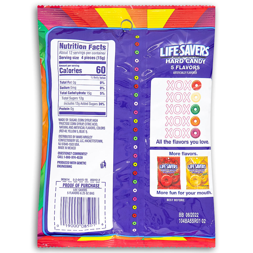 Life Savers 5 Flavors Hard Candy 6.25 oz. Back Ingredients