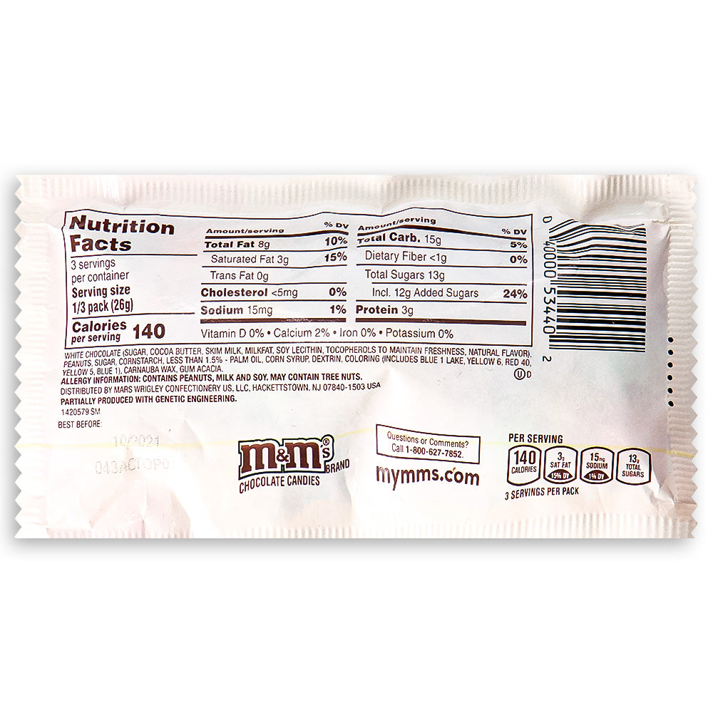 M&M'S White Chocolate Peanut Share Size 2.80oz Back Ingredients