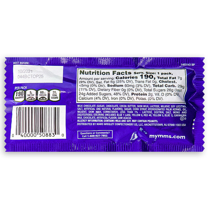 M&M's Caramel Chocolate Candies 40g Back Ingredients