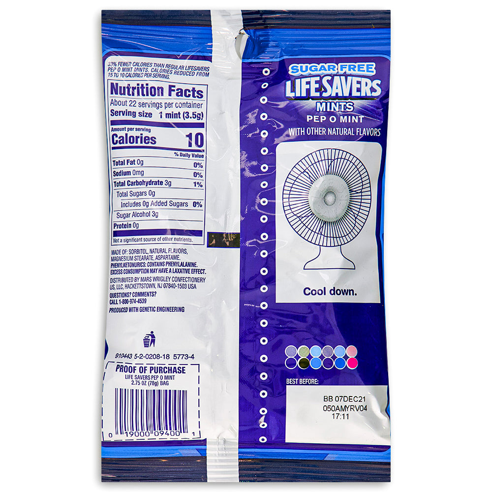 Lifesavers Pep-O-Mint Sugar Free Hard Candies 2.75oz back ingredients