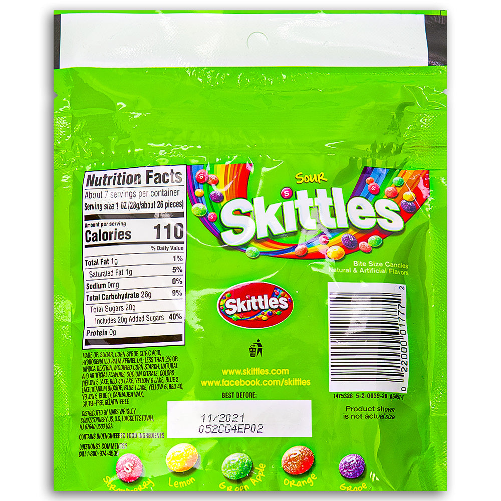 Skittles Sour Candies Grab N Go Size 204.1g Back Ingredients