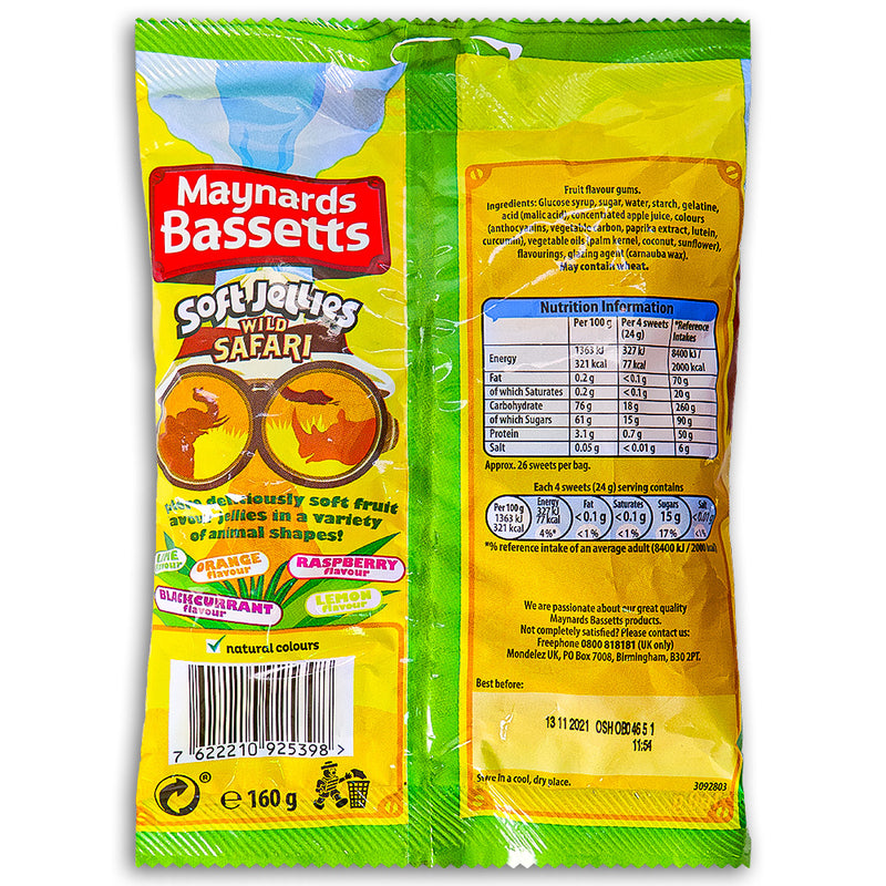 Maynards Bassetts Soft Jelly Safari UK 160g Back Ingredients