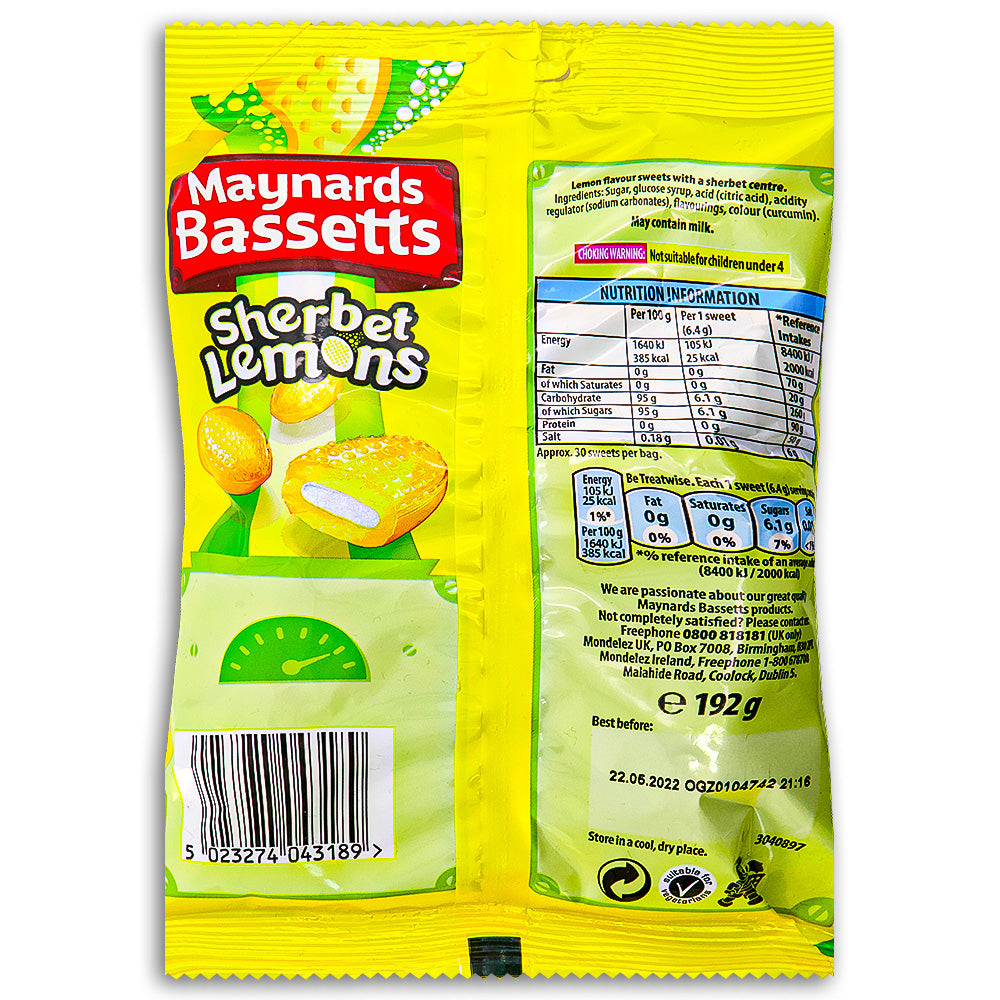 Maynards Bassetts Sherbet Lemons UK 192g Back Ingredients