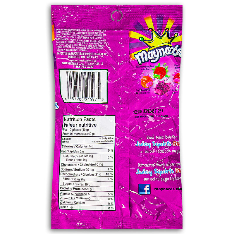 Maynards Juicy Squirts Berry Candy 170g Back Ingredients