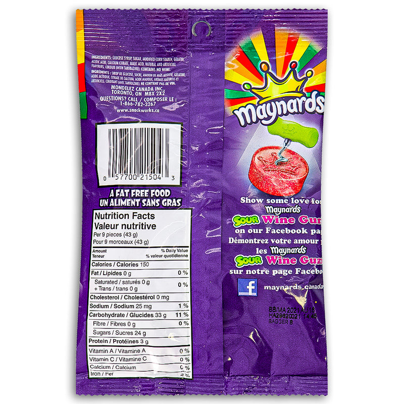 Maynards Sour Wine Gums 170 g Back Ingredients