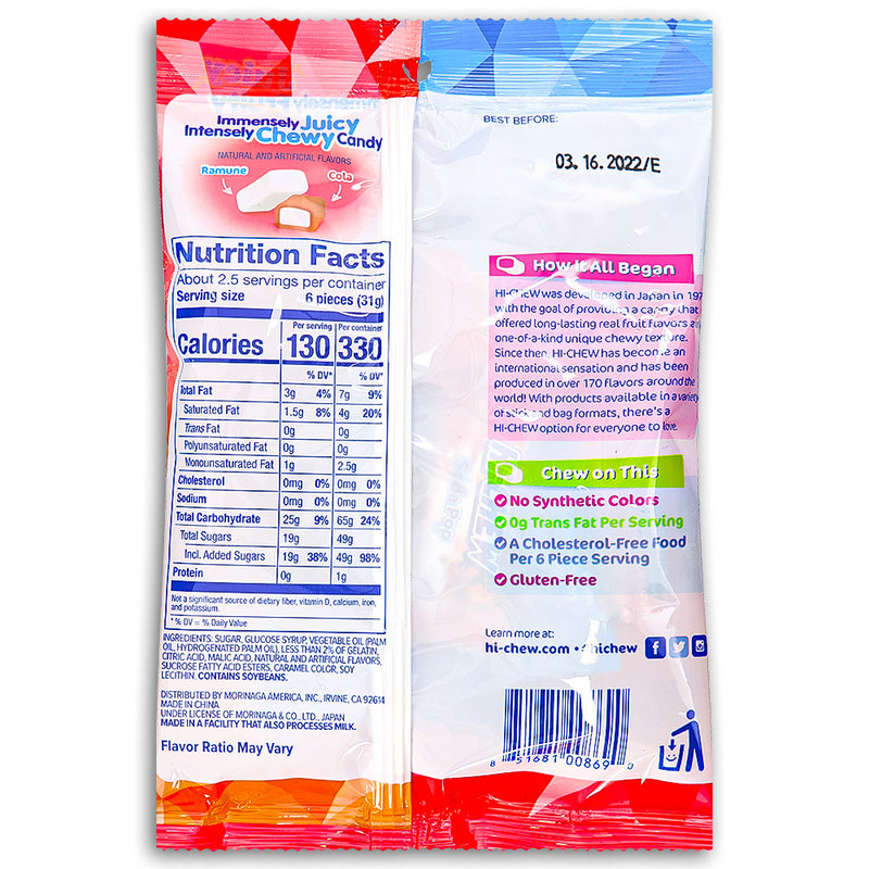 Hi-Chew Soda Pop Ramune and Cola 90g Back Ingredients 