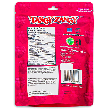 Tangy Zangy Sour Raspberries Candy 226g Back