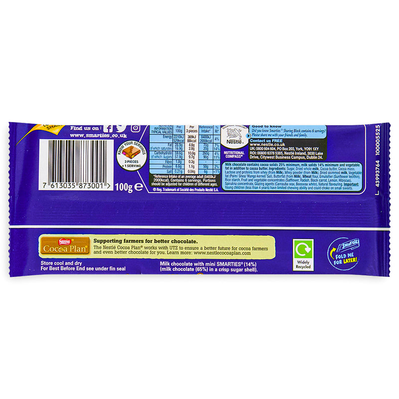 Nestle Smarties Sharing Block 100g Back Ingredients