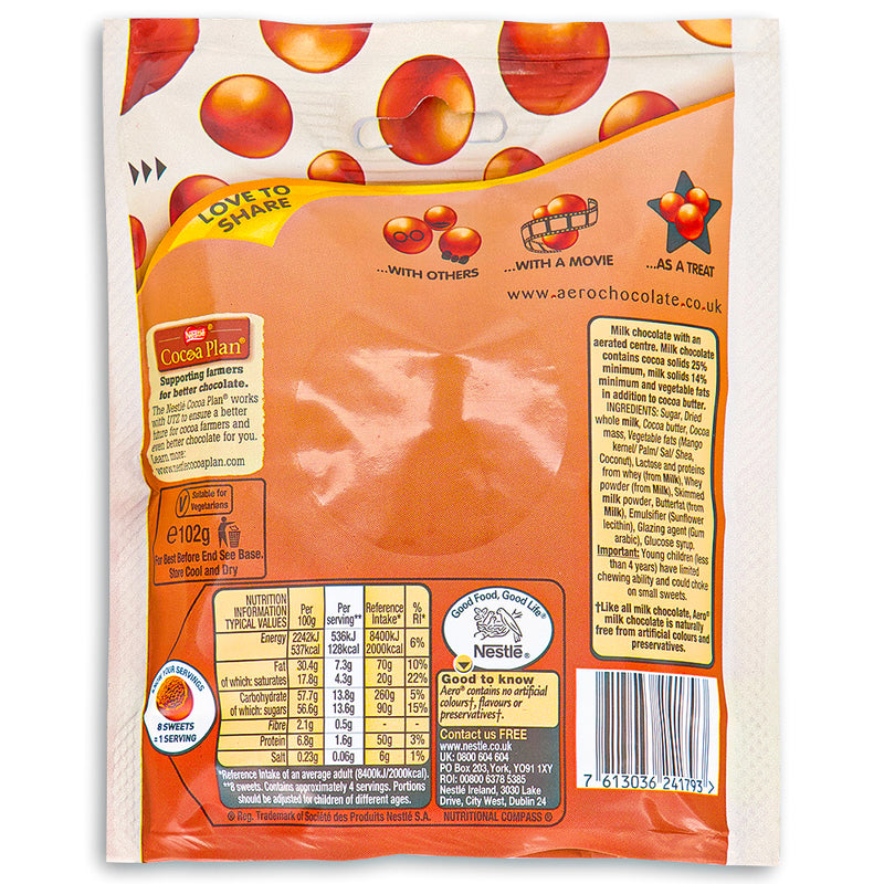 Aero Bubbles Milk Pouch UK 102g Back British Chocolate