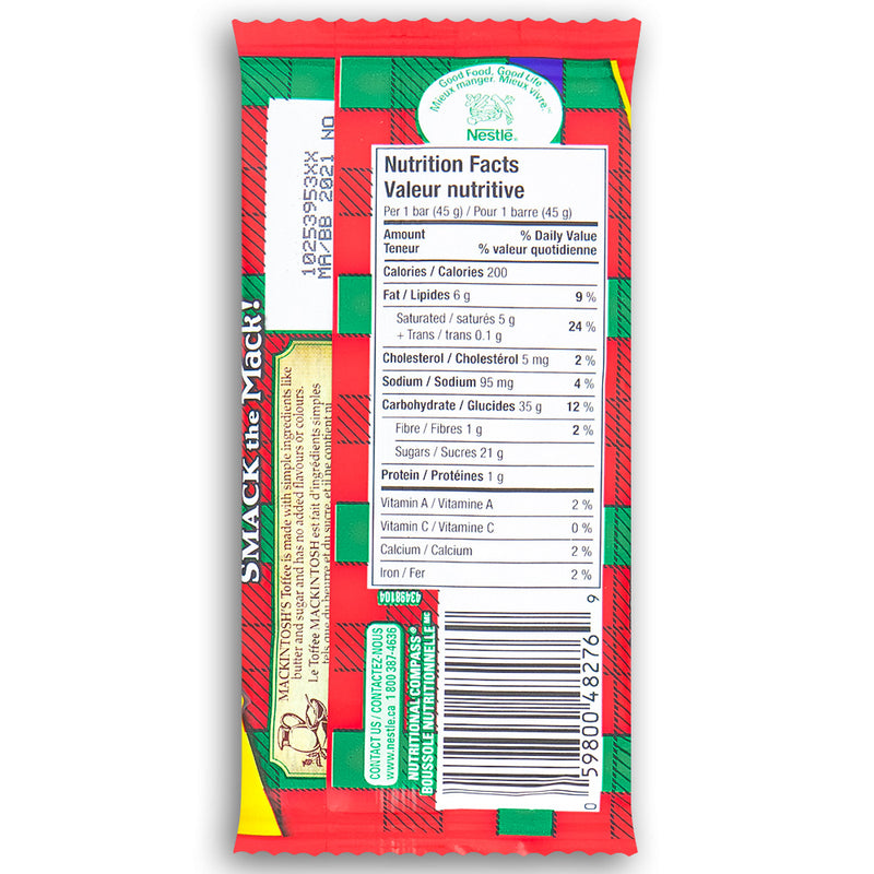 Mackintosh's Mack Toffee 45g Back Ingredients