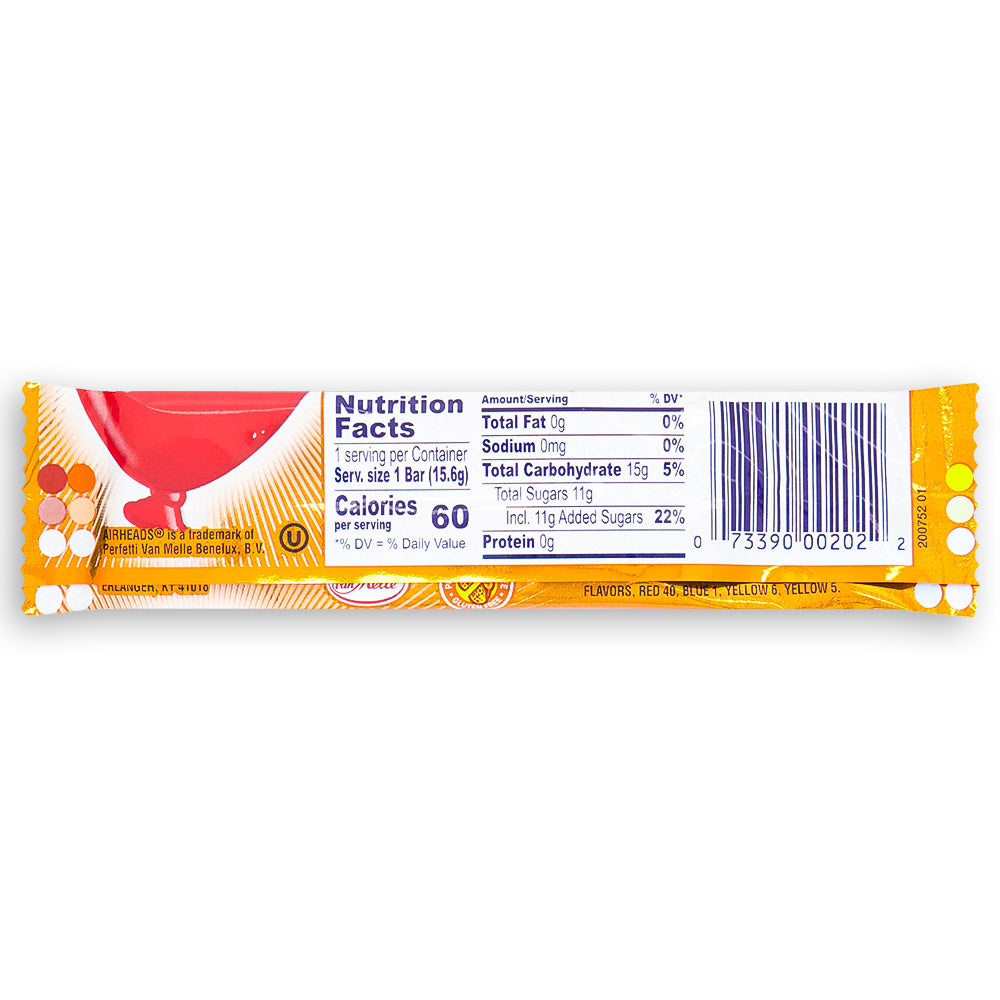 Airheads Candy - Orange Taffy Bars 15.6g Back Ingredients