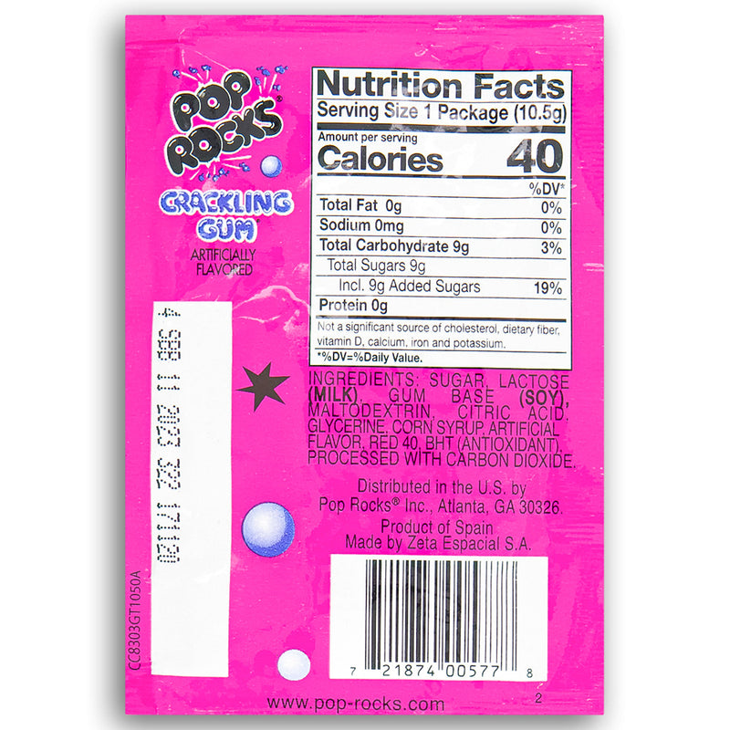 Pop Rocks Bubble Gum Popping Candy Back Ingredients