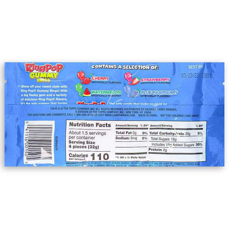 Ring Pop Gummy Rings 1.7oz Back Ingredients