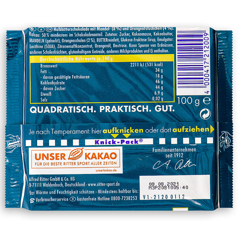 Ritter Sport Dark Chocolate Almond & Orange 100g Back Ingredients