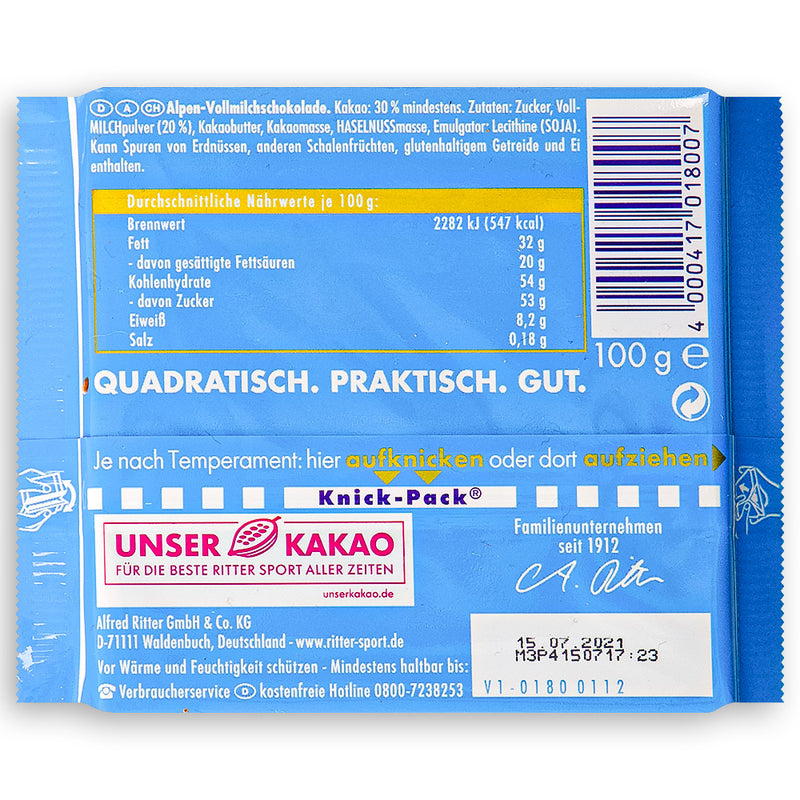 Ritter Sport 30% Cocoa Alpine Milk Chocolate 100g Back Ingredients