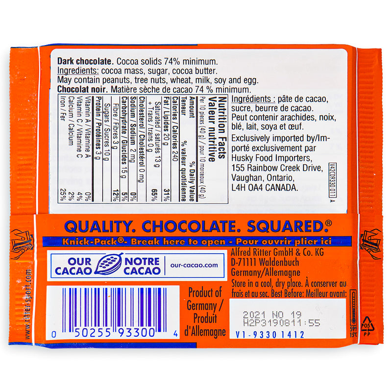 Ritter Sport Dark Chocolate Intense - 74% Cocoa from Peru Back Ingredients