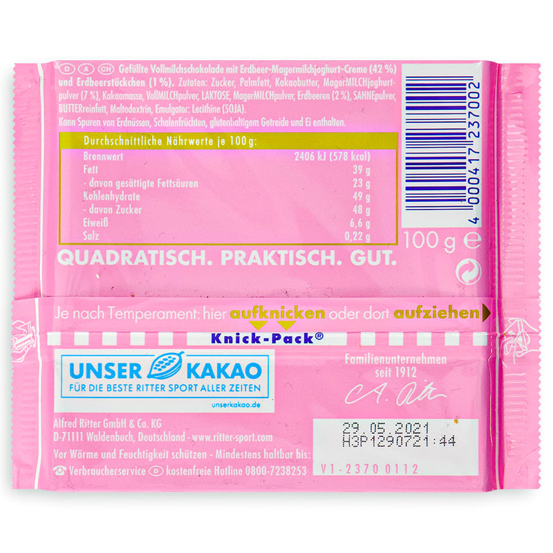 Ritter Sport Milk Chocolate with Strawberries and Yogurt Erdbeer Joghurt 100g Back Ingredients