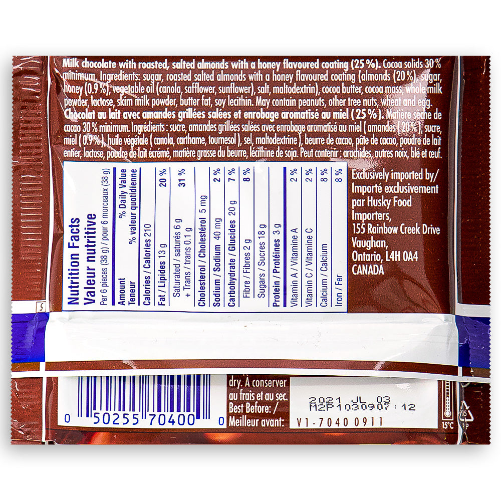 Ritter Sport Milk Chocolate with Honey Salted Almonds 100g Back Ingredients