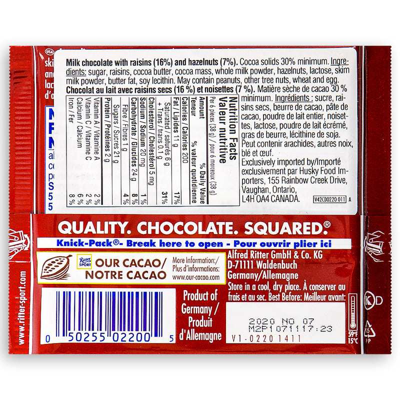 Ritter Sport Milk Chocolate with Raisins & Hazelnuts 110g Back Ingredients