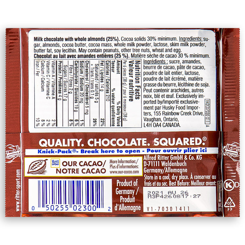 Ritter Sport Milk Chocolate with Whole Almonds 100 g Back Ingredients