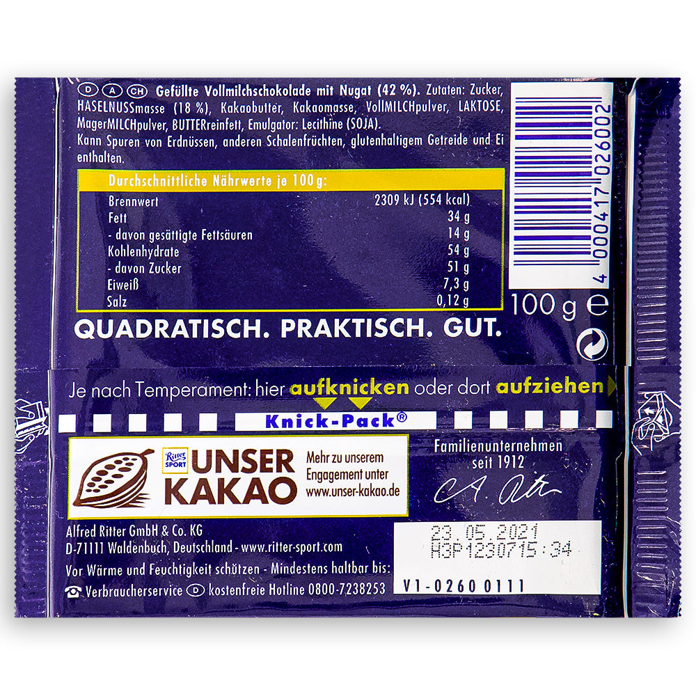 Ritter Sport Milk Chocolate with Praline Nugat 110g  Back ingredients