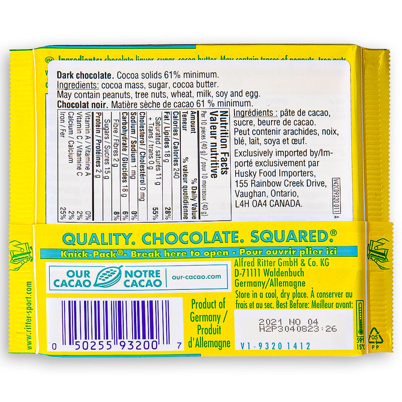 Ritter Sport Dark Chocolate Fine Nicaragua 100g Back Ingredients