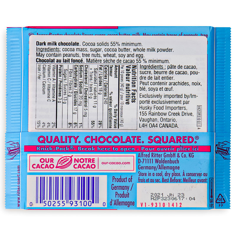 Ritter Sport Dark Milk Chocolate 55% Back Ingredients