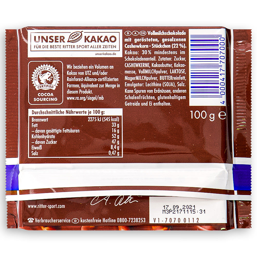 Ritter Sport Cashew Milk Chocolate 100 g Back Ingredients