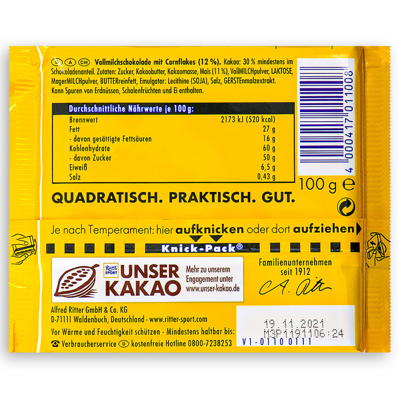 Ritter Sport Milk Chocolate with Cornflakes 110g Back ingredients