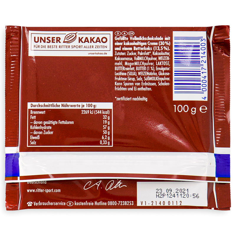 Ritter Sport Milk Chocolate with Butter Biscuit Ritter Sport 110g Back Ingredients