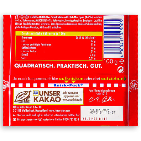 Ritter Sport Dark Chocolate with Marzipan 110g  Back Ingredients