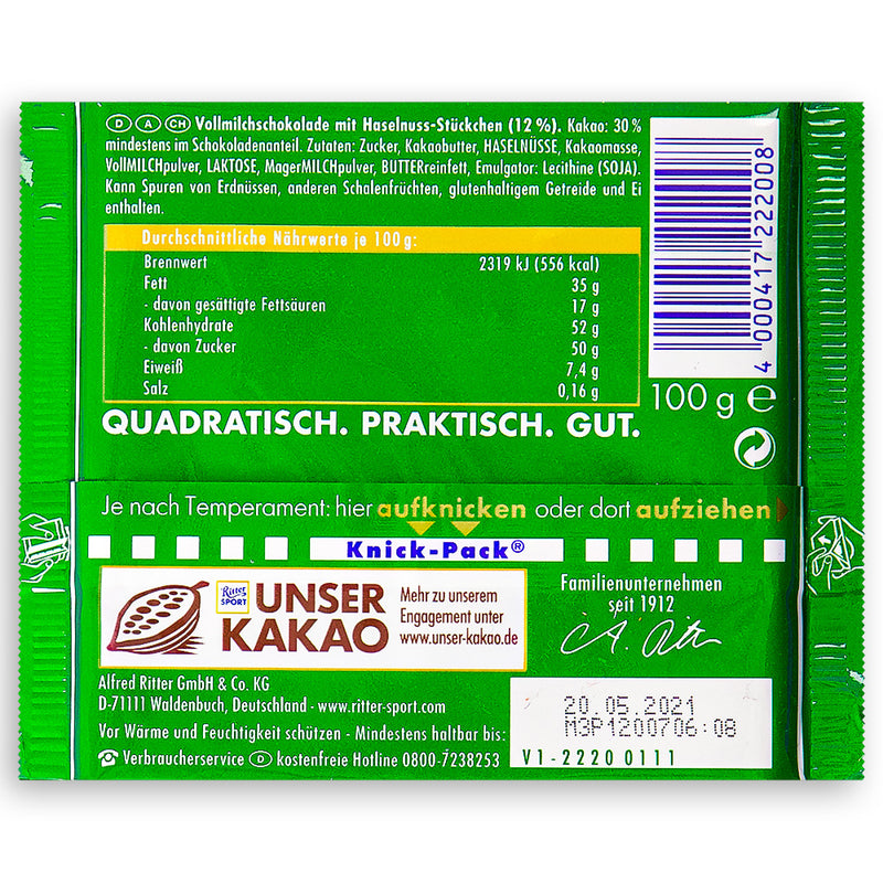 Ritter Sport Milk Chocolate with Hazelnuts 100g Back Ingredients