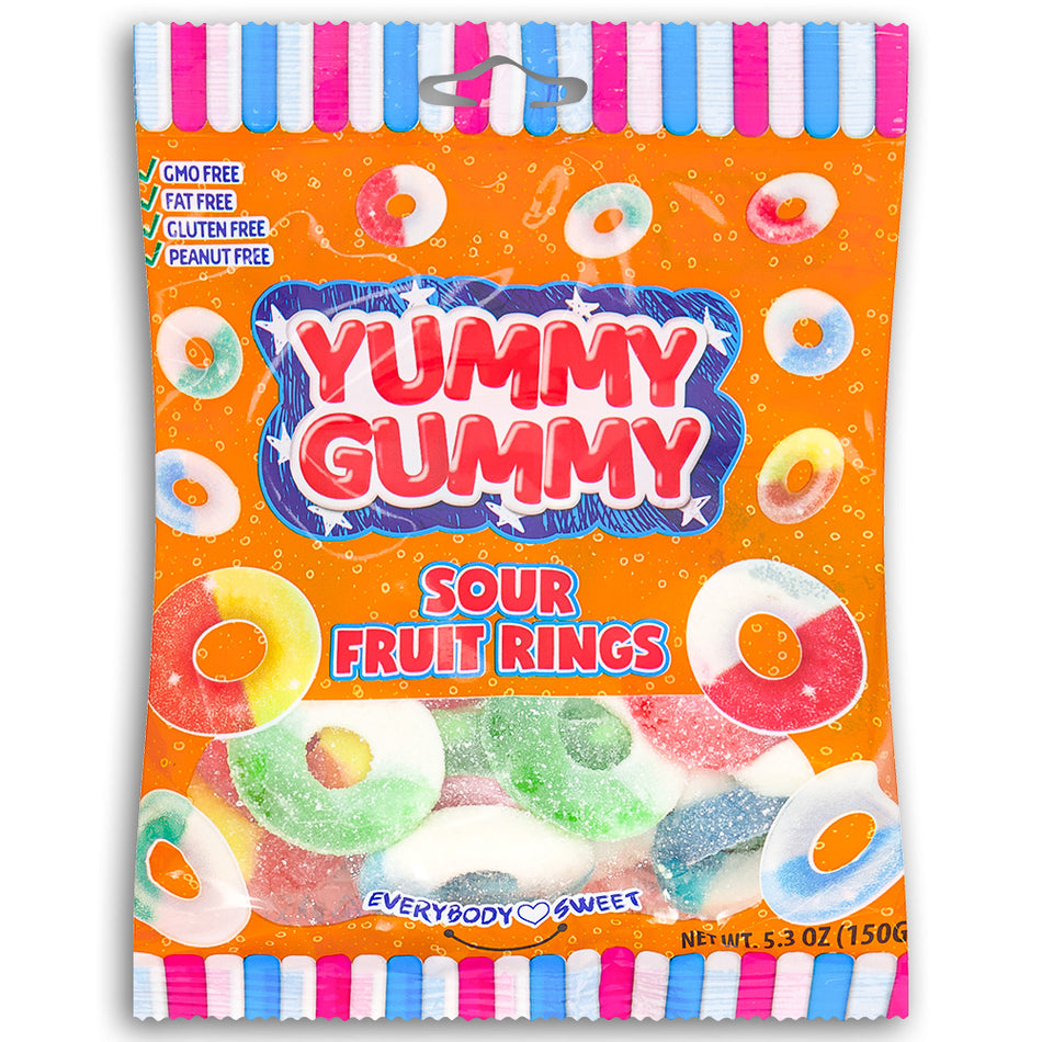 Yummy Gummy Sour Fruit Rings 150g Front