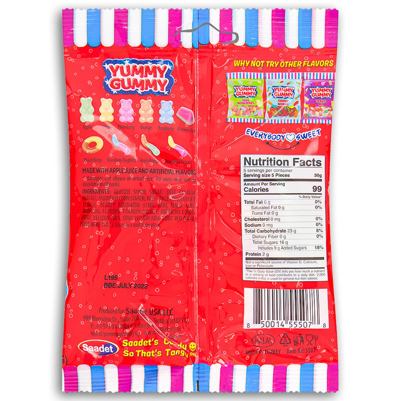 Yummy Gummy  Sour Travel Mix Gummies 150g Back Ingredients