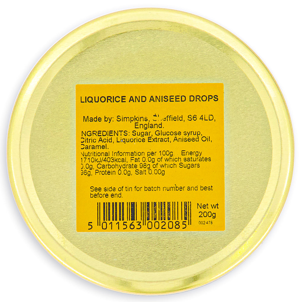 Simpkin’s Liquorice & Aniseed Drops 200 g Back Ingredients